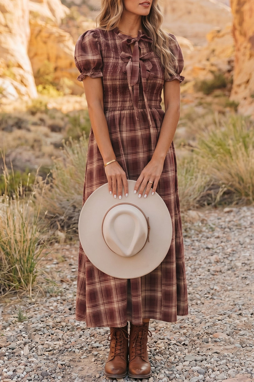 Plaid Knot Front Midi Dress