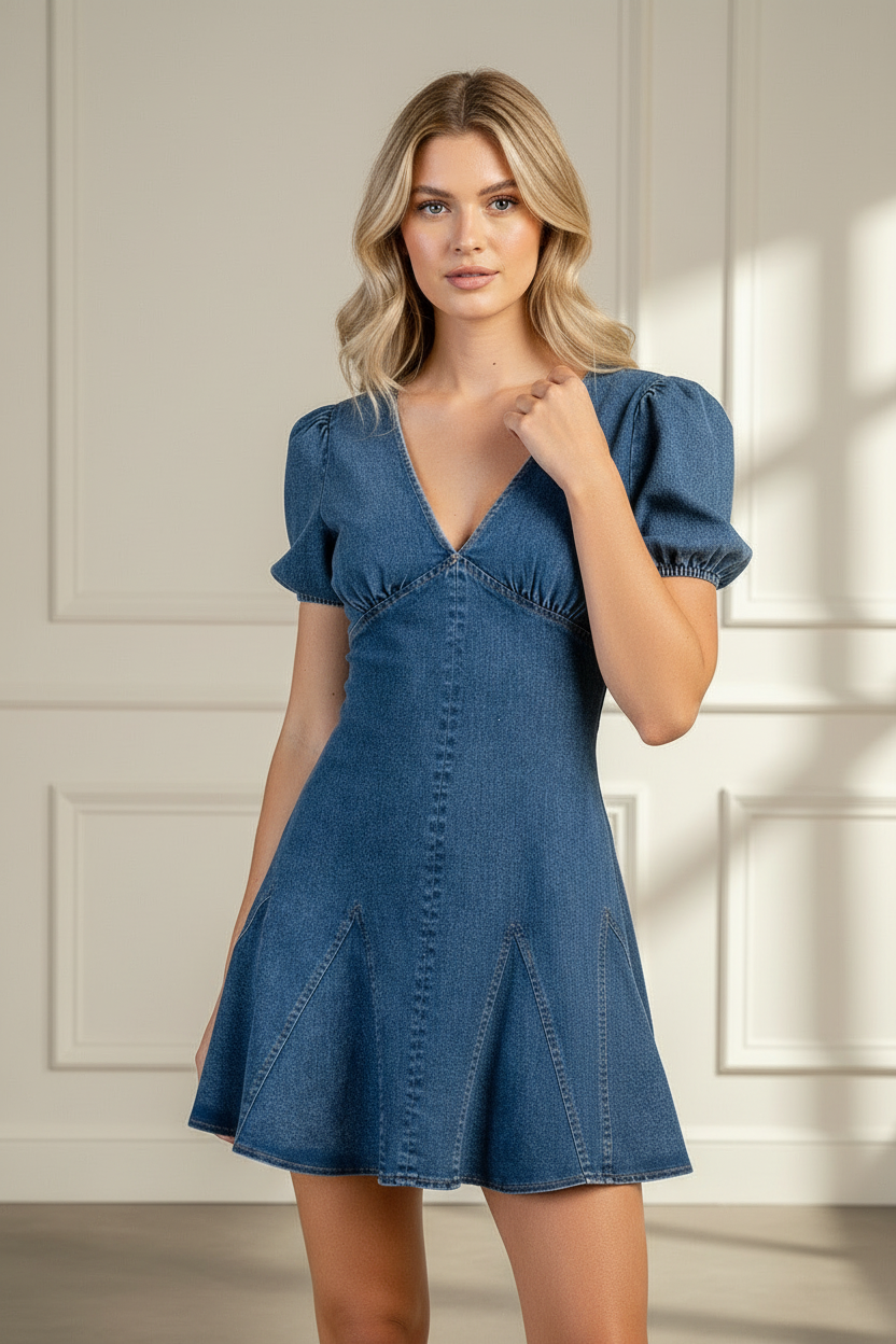 Puff Sleeve Denim Mini Dress