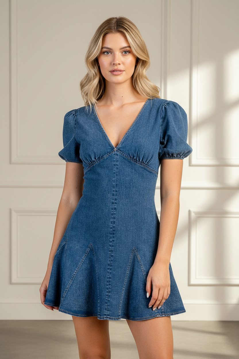 Puff Sleeve Denim Mini Dress