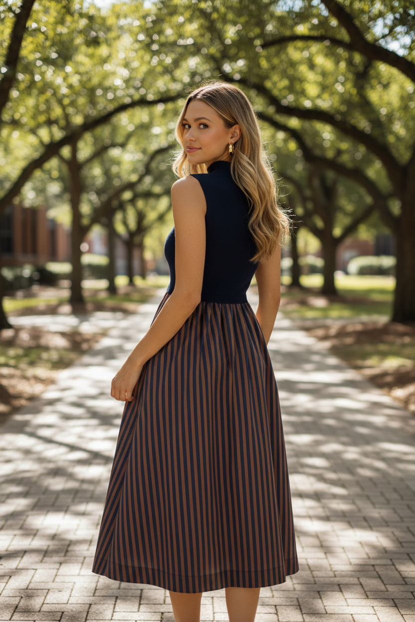 Mock Neck Stripe Midi Dress
