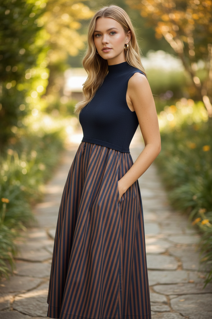 Mock Neck Stripe Midi Dress