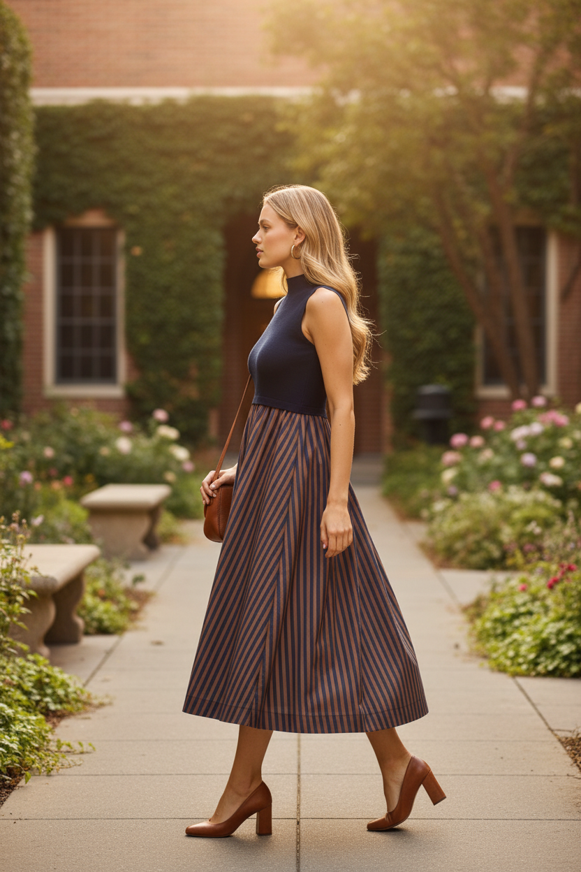 Mock Neck Stripe Midi Dress
