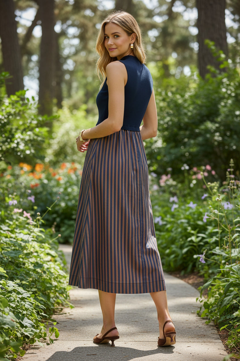 Mock Neck Stripe Midi Dress