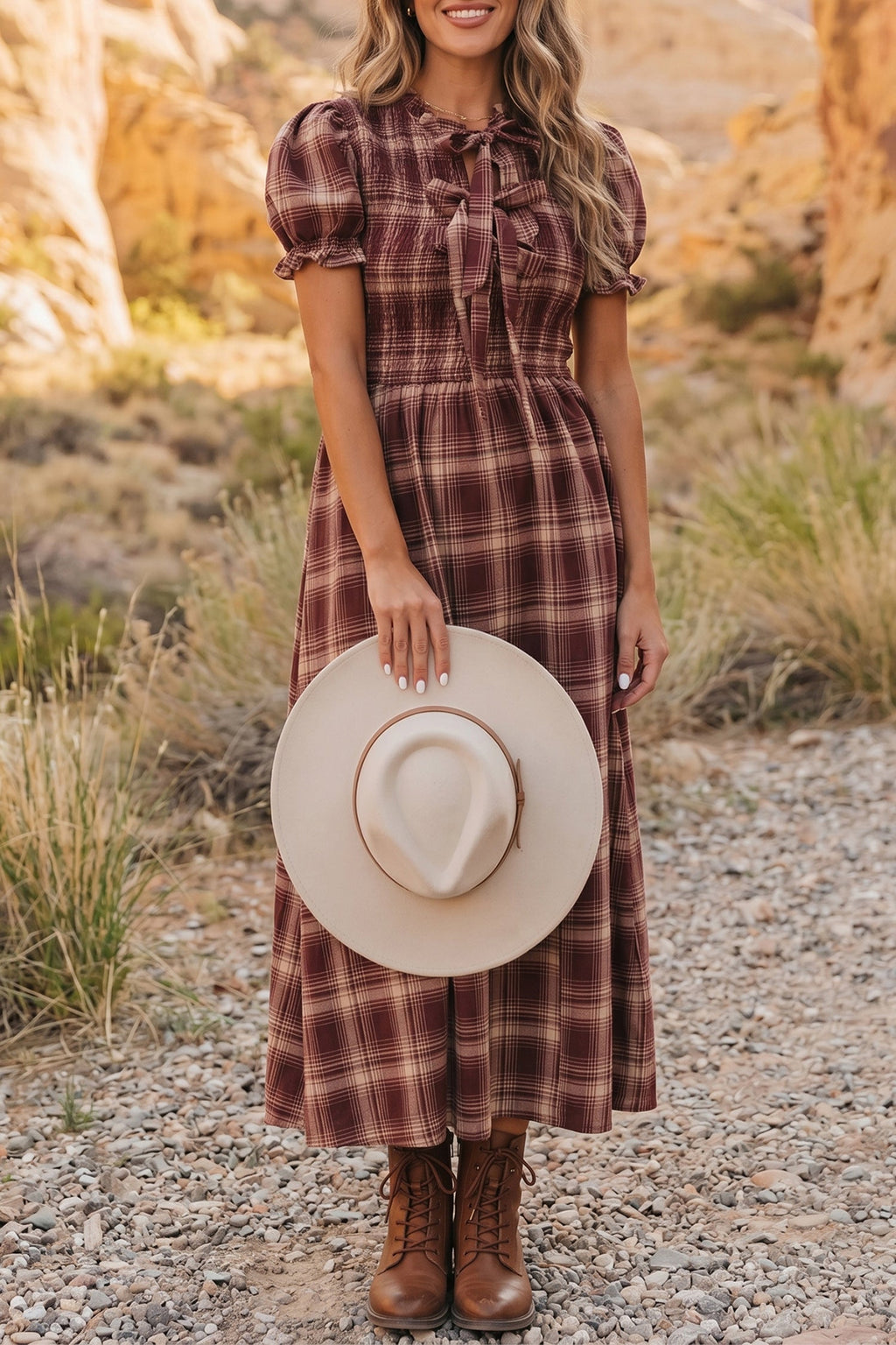 Plaid Knot Front Midi Dress
