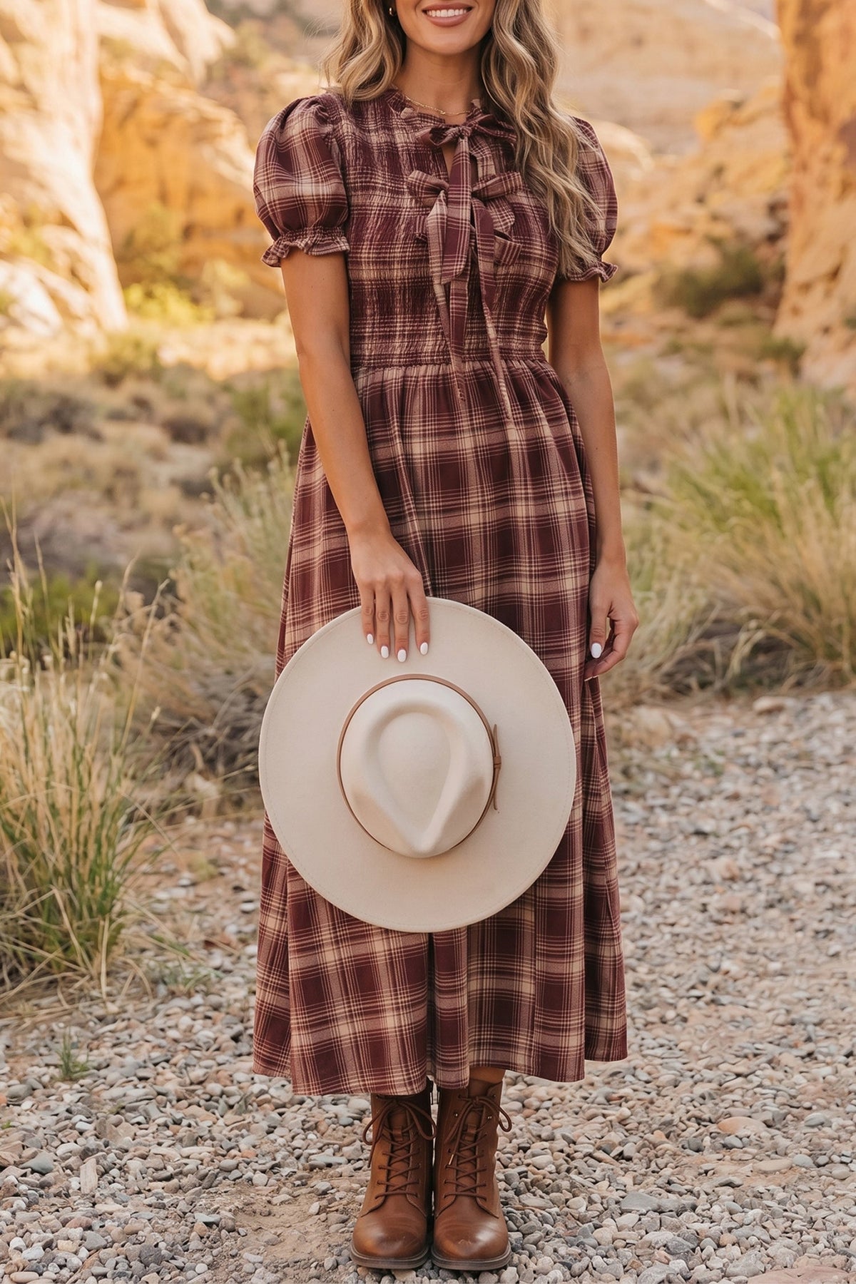 Plaid Knot Front Midi Dress