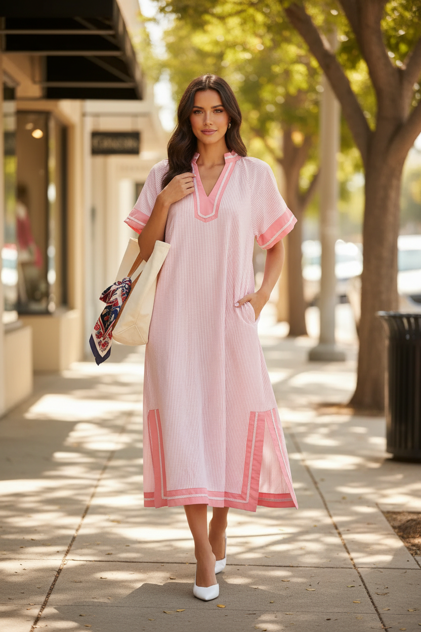 Pinstripe V-Neck Midi Dress
